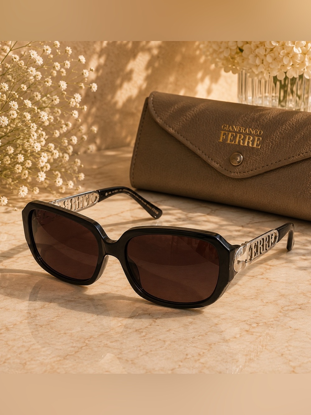Vintage Gianfranco Ferré Sunglasses Black Frame Brown Lenses Italy Designer Y2K